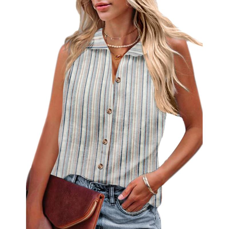 HOTOUCH Womens Sleeveless Button Down Shirt Collared Cotton Linen Blouse Casual Office Shirts Basic Tank TopBlue Striped