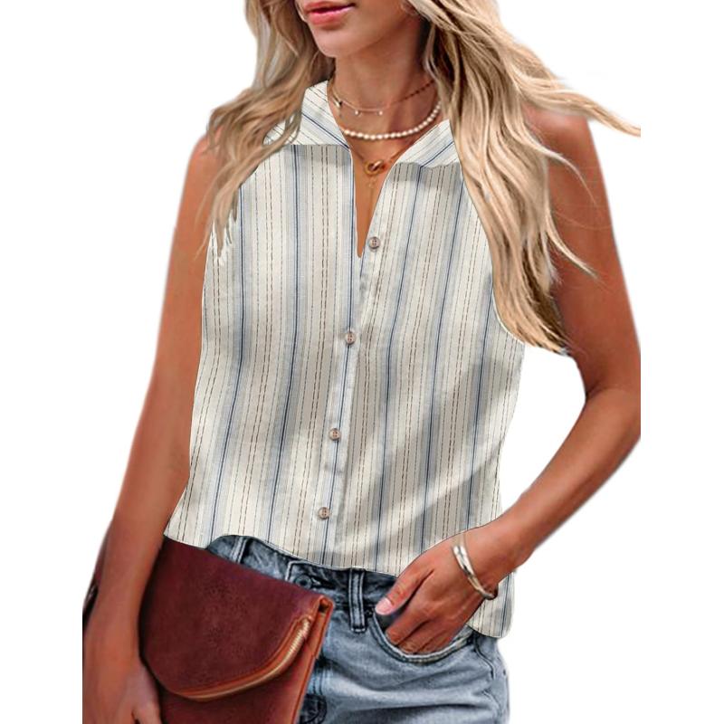 HOTOUCH Womens Sleeveless Button Down Shirt Collared Cotton Linen Blouse Casual Office Shirts Basic Tank TopStripe Blue