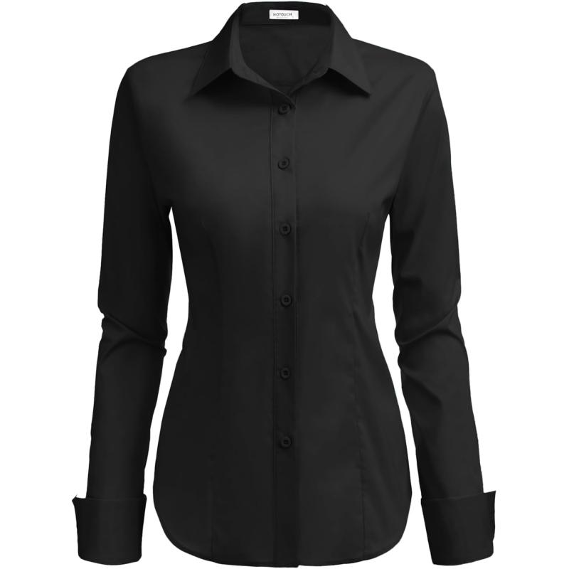 HOTOUCH Womens Stretch Basic Button Down Shirt Long Sleeve Slim Fit Dress Shirts Solid Work Office Blouses TopA  Black Stretch Fabric  a Size Up for Relaxed Fit