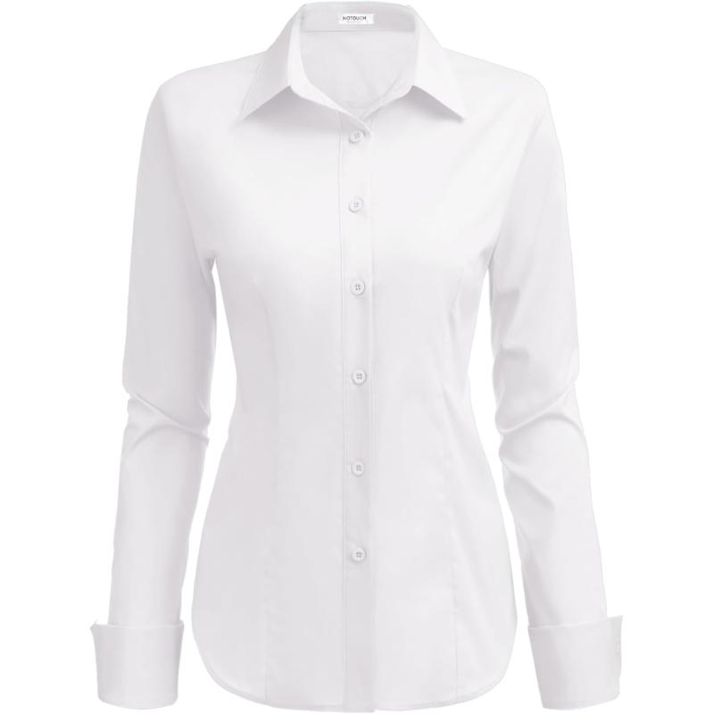 HOTOUCH Womens Stretch Basic Button Down Shirt Long Sleeve Slim Fit Dress Shirts Solid Work Office Blouses TopA  White Stretch Fabric  a Size Up for Relaxed Fit