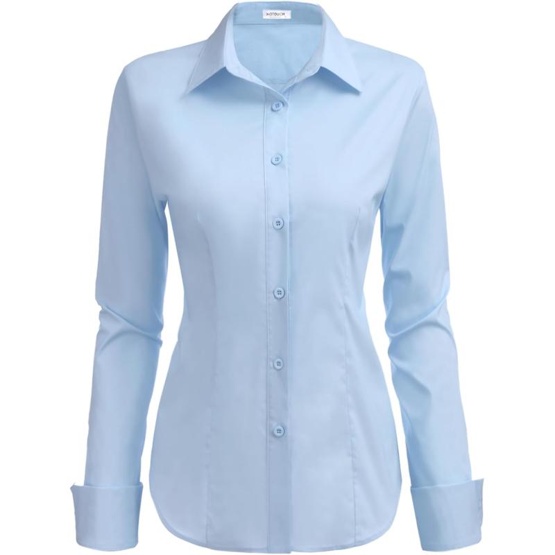 HOTOUCH Womens Stretch Basic Button Down Shirt Long Sleeve Slim Fit Dress Shirts Solid Work Office Blouses TopBlue Stretch Fabric  a Size Up for Relaxed Fit