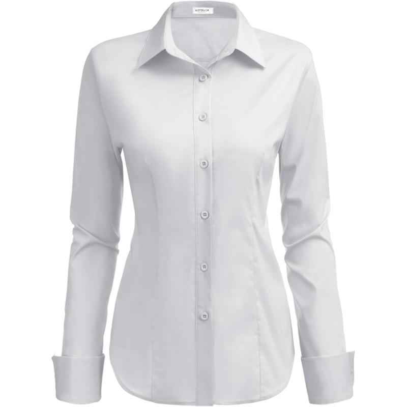HOTOUCH Womens Stretch Basic Button Down Shirt Long Sleeve Slim Fit Dress Shirts Solid Work Office Blouses TopLight Grey Stretch Fabric  a Size Up for Relaxed Fit