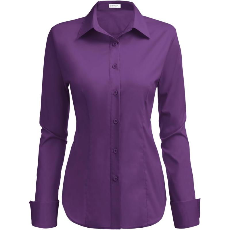 HOTOUCH Womens Stretch Basic Button Down Shirt Long Sleeve Slim Fit Dress Shirts Solid Work Office Blouses TopPurple Stretch Fabric  a Size Up for Relaxed Fit