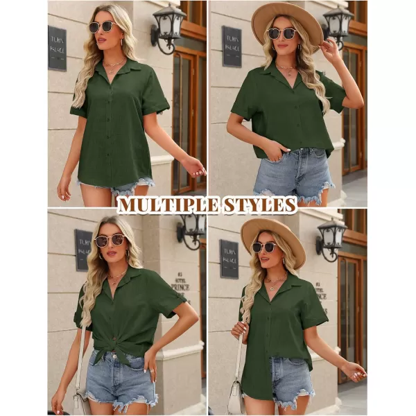 HOTOUCH Button Down Shirt Women Cotton Short Sleeve Blouses V Neck Collared Button Up Summer Beach TopsArmy Green