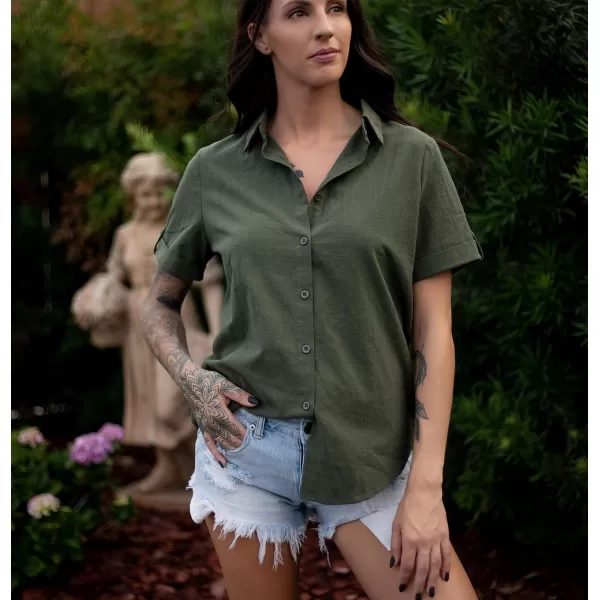 HOTOUCH Button Down Shirt Women Cotton Short Sleeve Blouses V Neck Collared Button Up Summer Beach TopsArmy Green