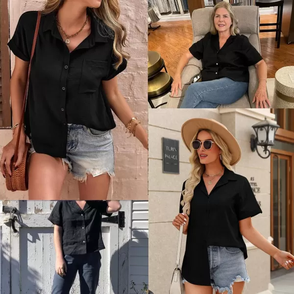 HOTOUCH Button Down Shirt Women Cotton Short Sleeve Blouses V Neck Collared Button Up Summer Beach TopsBlack