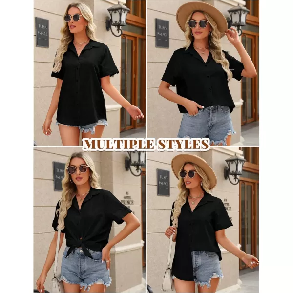 HOTOUCH Button Down Shirt Women Cotton Short Sleeve Blouses V Neck Collared Button Up Summer Beach TopsBlack