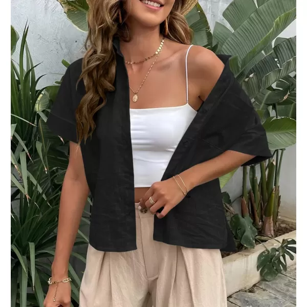 HOTOUCH Button Down Shirt Women Cotton Short Sleeve Blouses V Neck Collared Button Up Summer Beach TopsBlack