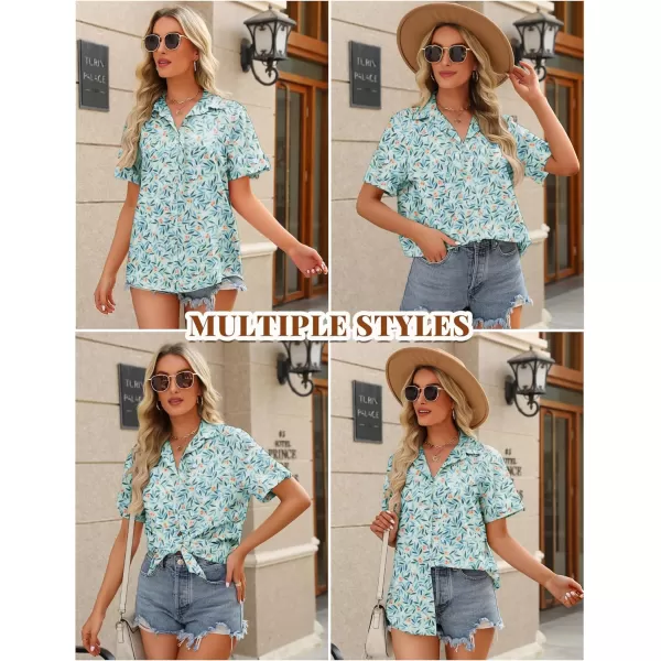HOTOUCH Button Down Shirt Women Cotton Short Sleeve Blouses V Neck Collared Button Up Summer Beach TopsBlue Leaves