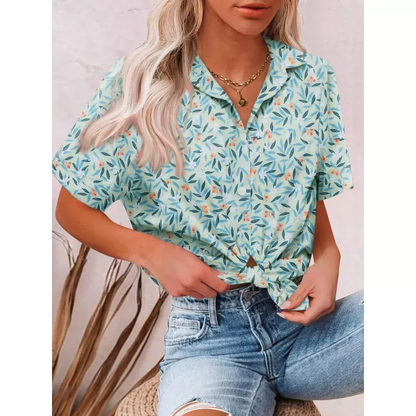 HOTOUCH Button Down Shirt Women Cotton Short Sleeve Blouses V Neck Collared Button Up Summer Beach TopsBlue Leaves