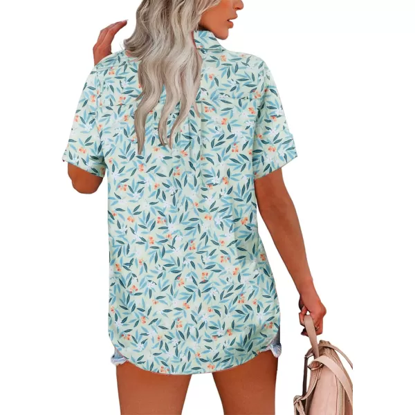HOTOUCH Button Down Shirt Women Cotton Short Sleeve Blouses V Neck Collared Button Up Summer Beach TopsBlue Leaves