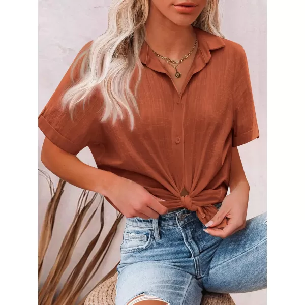 HOTOUCH Button Down Shirt Women Cotton Short Sleeve Blouses V Neck Collared Button Up Summer Beach TopsBrown