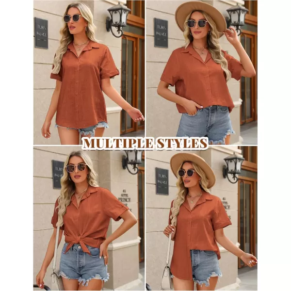 HOTOUCH Button Down Shirt Women Cotton Short Sleeve Blouses V Neck Collared Button Up Summer Beach TopsBrown