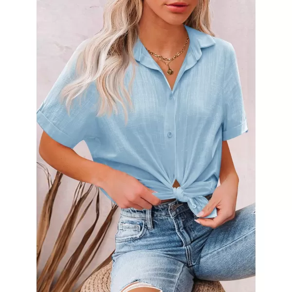 HOTOUCH Button Down Shirt Women Cotton Short Sleeve Blouses V Neck Collared Button Up Summer Beach TopsClear Blue
