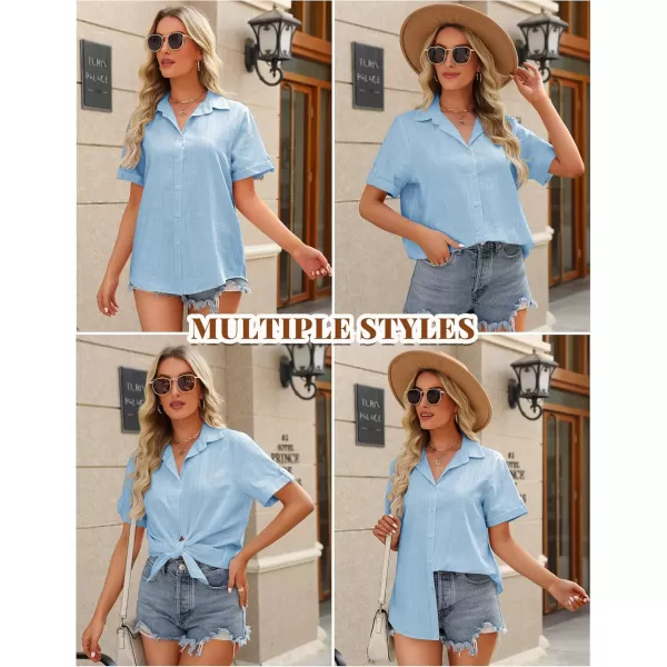HOTOUCH Button Down Shirt Women Cotton Short Sleeve Blouses V Neck Collared Button Up Summer Beach TopsClear Blue