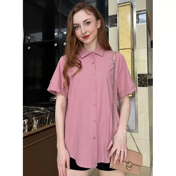 HOTOUCH Button Down Shirt Women Cotton Short Sleeve Blouses V Neck Collared Button Up Summer Beach TopsDark Pink