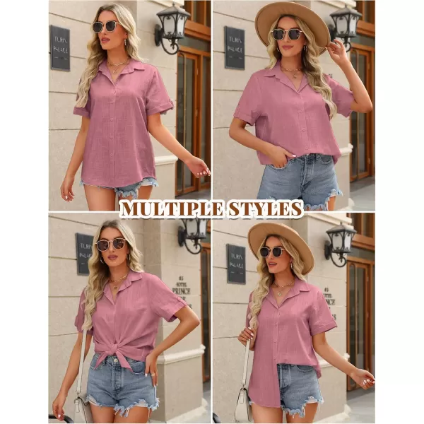 HOTOUCH Button Down Shirt Women Cotton Short Sleeve Blouses V Neck Collared Button Up Summer Beach TopsDark Pink