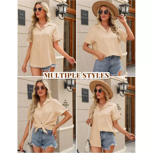 HOTOUCH Button Down Shirt Women Cotton Short Sleeve Blouses V Neck Collared Button Up Summer Beach TopsKhaki