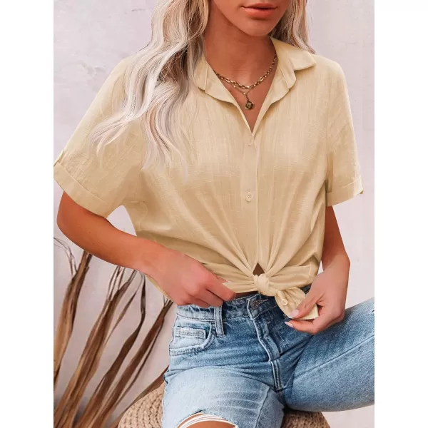 HOTOUCH Button Down Shirt Women Cotton Short Sleeve Blouses V Neck Collared Button Up Summer Beach TopsKhaki
