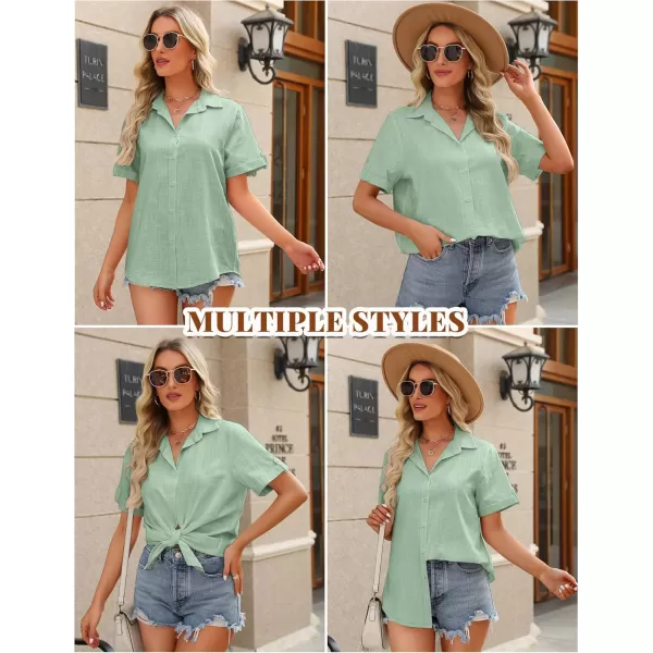 HOTOUCH Button Down Shirt Women Cotton Short Sleeve Blouses V Neck Collared Button Up Summer Beach TopsLight Green
