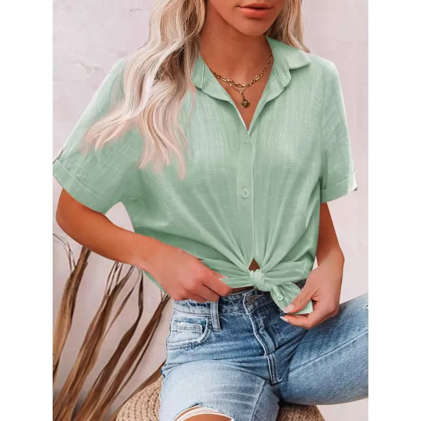HOTOUCH Button Down Shirt Women Cotton Short Sleeve Blouses V Neck Collared Button Up Summer Beach TopsLight Green