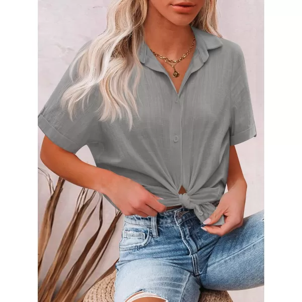 HOTOUCH Button Down Shirt Women Cotton Short Sleeve Blouses V Neck Collared Button Up Summer Beach TopsLight Grey