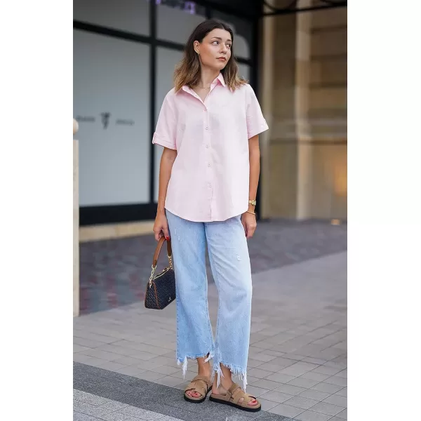 HOTOUCH Button Down Shirt Women Cotton Short Sleeve Blouses V Neck Collared Button Up Summer Beach TopsMisty Rose