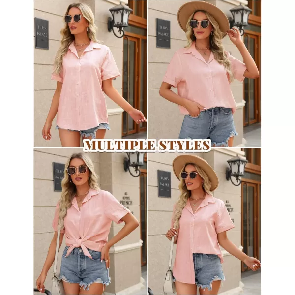 HOTOUCH Button Down Shirt Women Cotton Short Sleeve Blouses V Neck Collared Button Up Summer Beach TopsMisty Rose