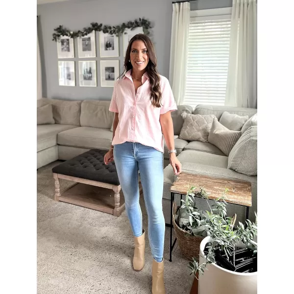 HOTOUCH Button Down Shirt Women Cotton Short Sleeve Blouses V Neck Collared Button Up Summer Beach TopsMisty Rose