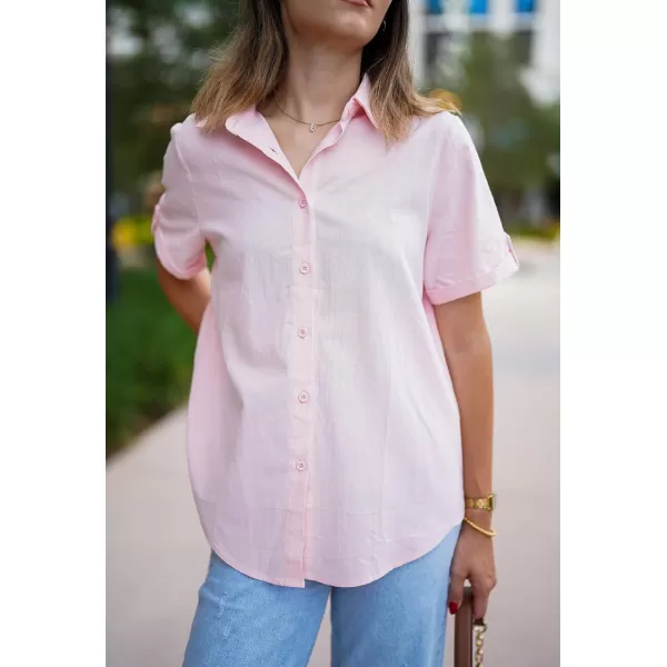 HOTOUCH Button Down Shirt Women Cotton Short Sleeve Blouses V Neck Collared Button Up Summer Beach TopsMisty Rose