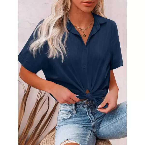 HOTOUCH Button Down Shirt Women Cotton Short Sleeve Blouses V Neck Collared Button Up Summer Beach TopsNavy Blue