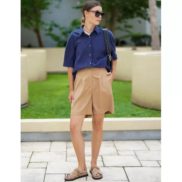 HOTOUCH Button Down Shirt Women Cotton Short Sleeve Blouses V Neck Collared Button Up Summer Beach TopsNavy Blue