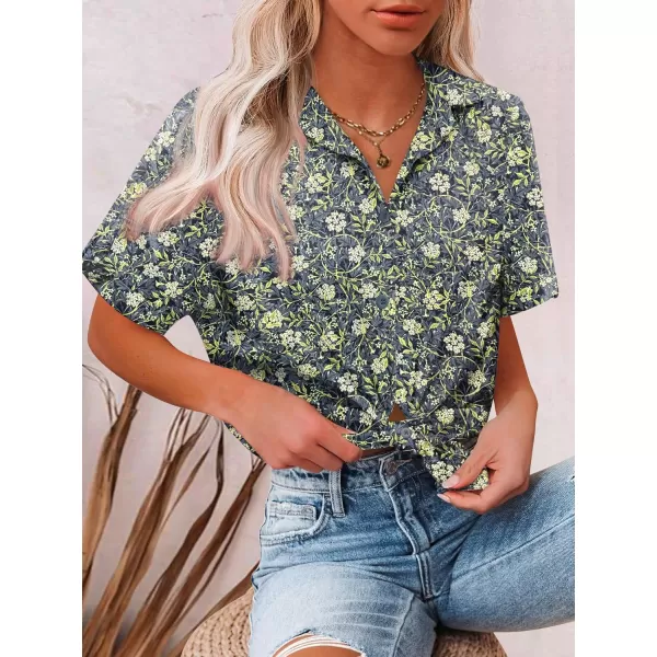 HOTOUCH Button Down Shirt Women Cotton Short Sleeve Blouses V Neck Collared Button Up Summer Beach TopsNavy Leaves