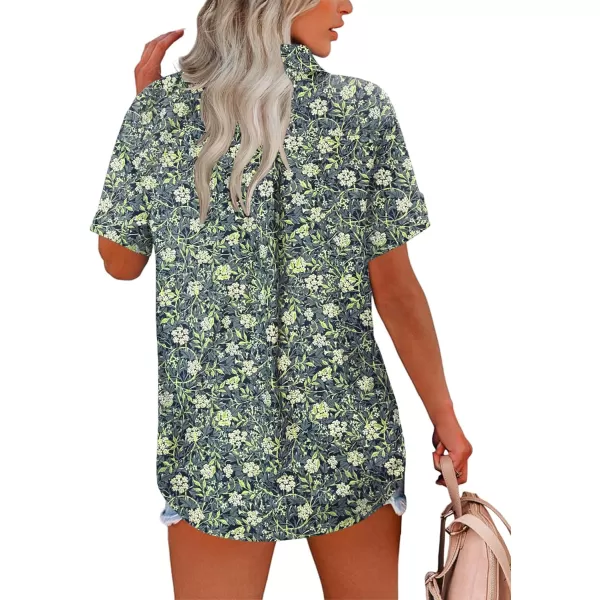 HOTOUCH Button Down Shirt Women Cotton Short Sleeve Blouses V Neck Collared Button Up Summer Beach TopsNavy Leaves