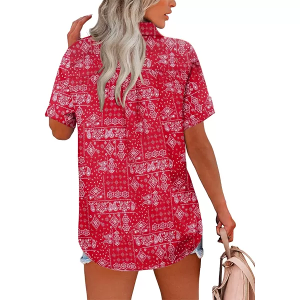 HOTOUCH Button Down Shirt Women Cotton Short Sleeve Blouses V Neck Collared Button Up Summer Beach TopsRed Boho