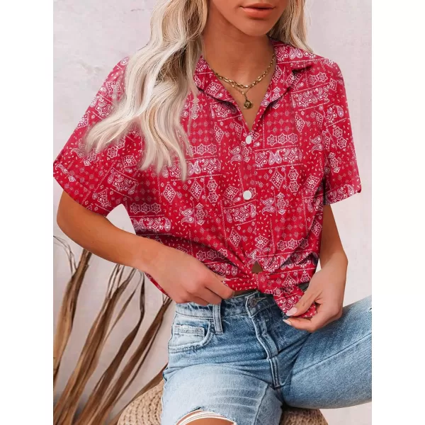 HOTOUCH Button Down Shirt Women Cotton Short Sleeve Blouses V Neck Collared Button Up Summer Beach TopsRed Boho