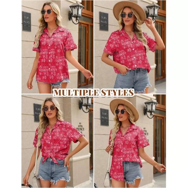 HOTOUCH Button Down Shirt Women Cotton Short Sleeve Blouses V Neck Collared Button Up Summer Beach TopsRed Boho