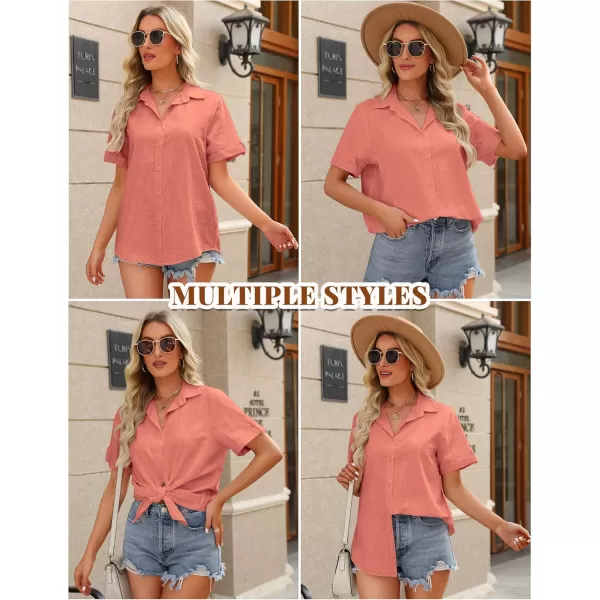 HOTOUCH Button Down Shirt Women Cotton Short Sleeve Blouses V Neck Collared Button Up Summer Beach TopsTangerine