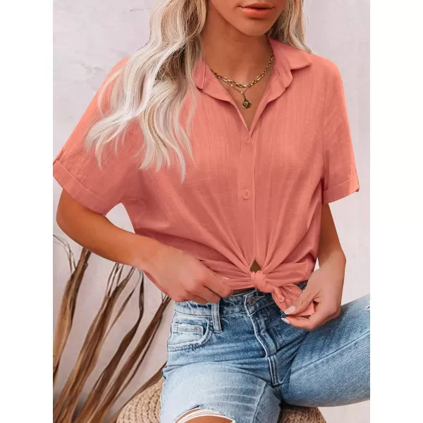 HOTOUCH Button Down Shirt Women Cotton Short Sleeve Blouses V Neck Collared Button Up Summer Beach TopsTangerine