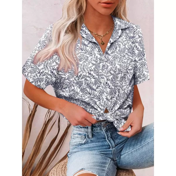 HOTOUCH Button Down Shirt Women Cotton Short Sleeve Blouses V Neck Collared Button Up Summer Beach TopsVacation Blue