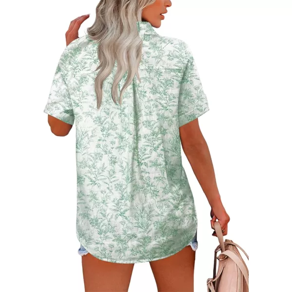 HOTOUCH Button Down Shirt Women Cotton Short Sleeve Blouses V Neck Collared Button Up Summer Beach TopsVacation Green