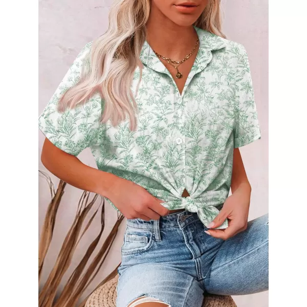 HOTOUCH Button Down Shirt Women Cotton Short Sleeve Blouses V Neck Collared Button Up Summer Beach TopsVacation Green