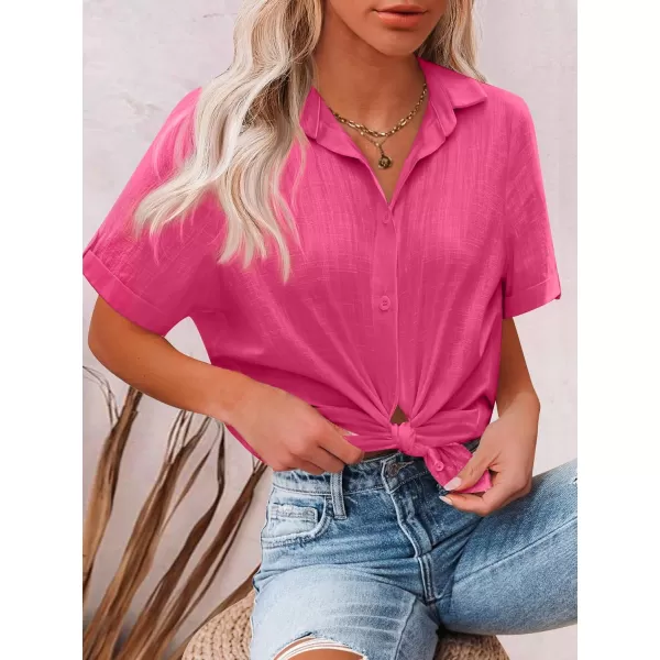 HOTOUCH Button Down Shirt Women Cotton Short Sleeve Blouses V Neck Collared Button Up Summer Beach TopsWatermelon Pink