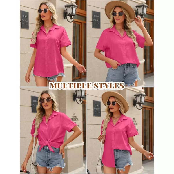 HOTOUCH Button Down Shirt Women Cotton Short Sleeve Blouses V Neck Collared Button Up Summer Beach TopsWatermelon Pink