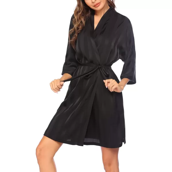 HOTOUCH Silk Bathrobe for Women Satin Short Wedding Party Kimono Black Robe with 34 Sleeve Black XLarge