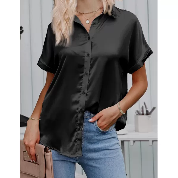 HOTOUCH Silk Button Down Shirts for Women Satin Short Sleeve V Neck Casual Work Office Blouse Tunic TopsBlack