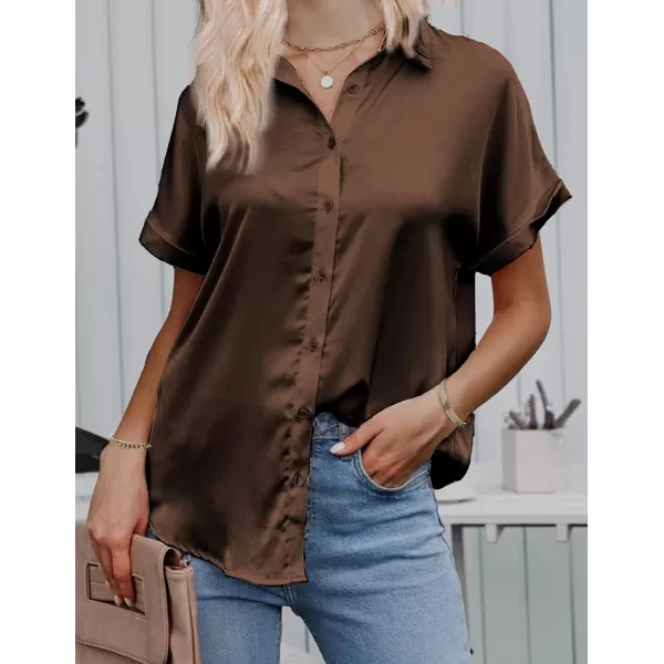 HOTOUCH Silk Button Down Shirts for Women Satin Short Sleeve V Neck Casual Work Office Blouse Tunic TopsBrown