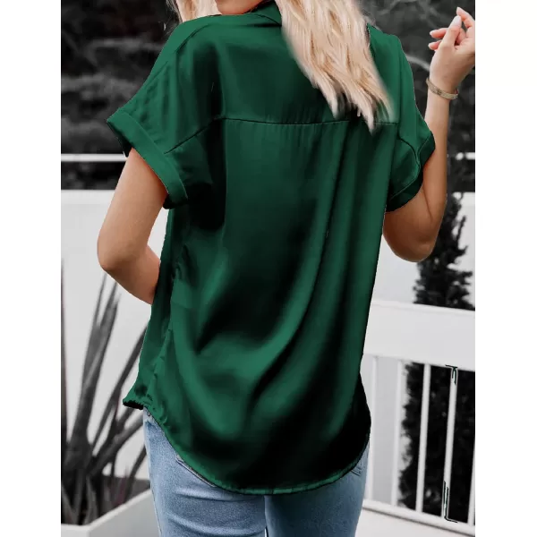 HOTOUCH Silk Button Down Shirts for Women Satin Short Sleeve V Neck Casual Work Office Blouse Tunic TopsDark Green