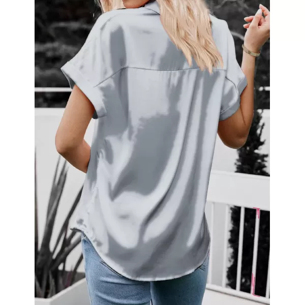HOTOUCH Silk Button Down Shirts for Women Satin Short Sleeve V Neck Casual Work Office Blouse Tunic TopsGrey