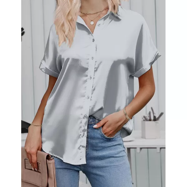 HOTOUCH Silk Button Down Shirts for Women Satin Short Sleeve V Neck Casual Work Office Blouse Tunic TopsGrey